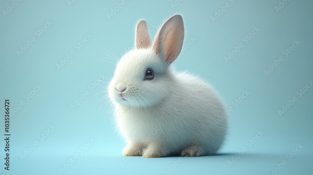 Fototapeta premium A white rabbit is sitting on a blue surface