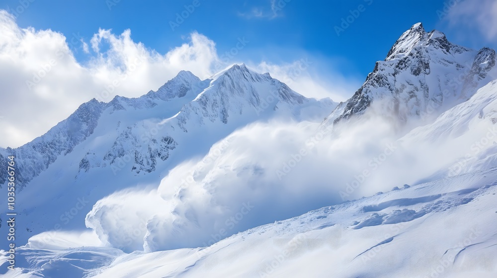 Massive avalanche on a mountainside,creating a powerful avalanche cloud.Frozen mountain landscape.Cold and desolate frozen landscape with snow-capped mountains and approaching snowstorm.AI generation Massive avalanche on a mountainside,creating a powerful avalanche cloud.Frozen mountain landscape.Cold and desolate frozen landscape with snow-capped mountains and approaching snowstorm.AI generation