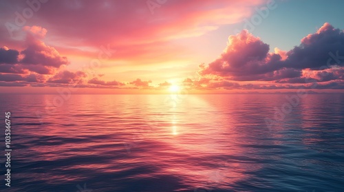 A beautiful sunset over the ocean with a few clouds in the sky