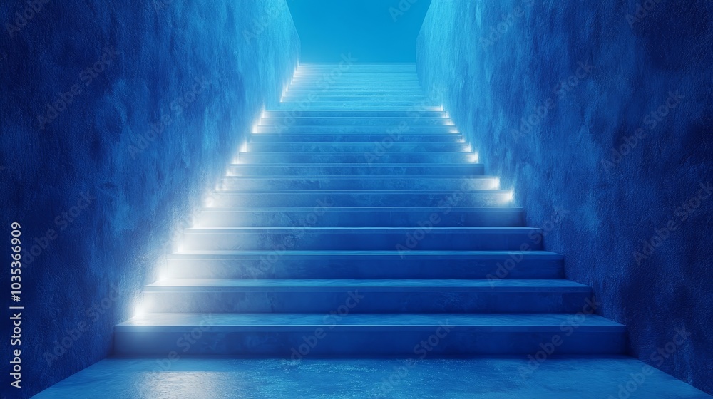 A blue staircase with lights on it A blue staircase with lights on it