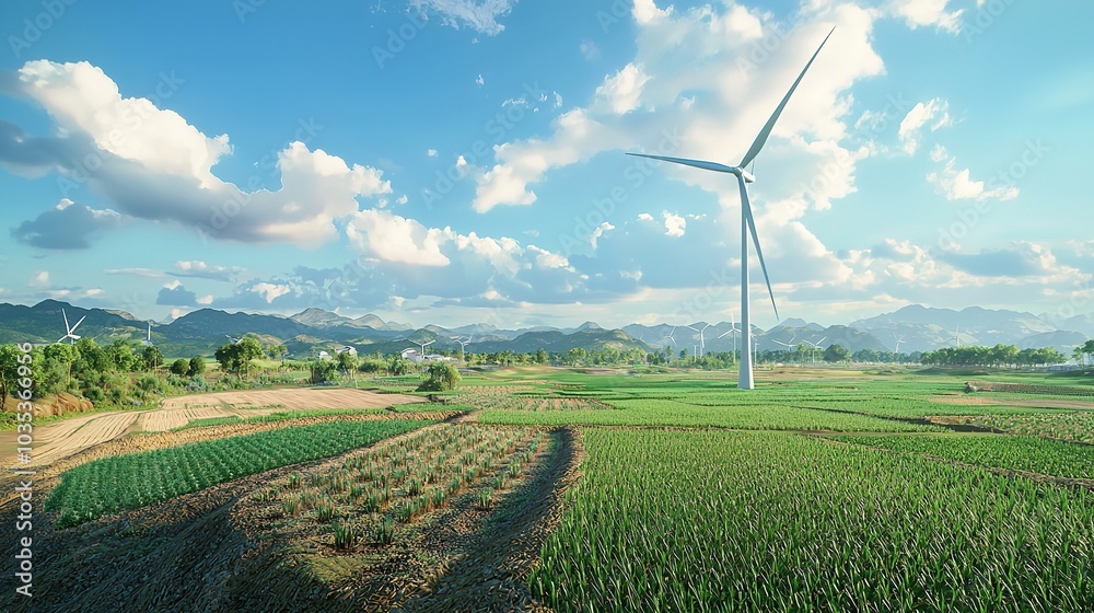 Row of wind turbines in a field at sunset, harnessing clean energy from the wind Row of wind turbines in a field at sunset, harnessing clean energy from the wind