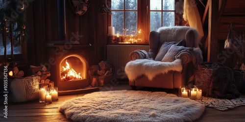 A warm indoor scene with a fluffy rug, candles, and a comfortable armchair near a crackling fire, creating a cozy winter retreat.