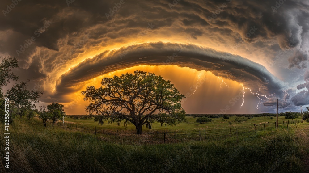 Lightning Strike Illuminates a Dramatic Stormy Sky Above a Lone Tree and Grassy Field Lightning Strike Illuminates a Dramatic Stormy Sky Above a Lone Tree and Grassy Field