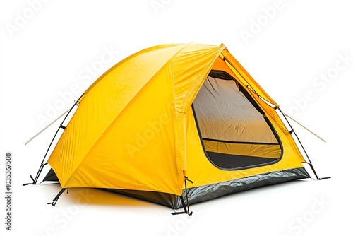 Vibrant yellow camping tent with a mesh window, isolated on white background.