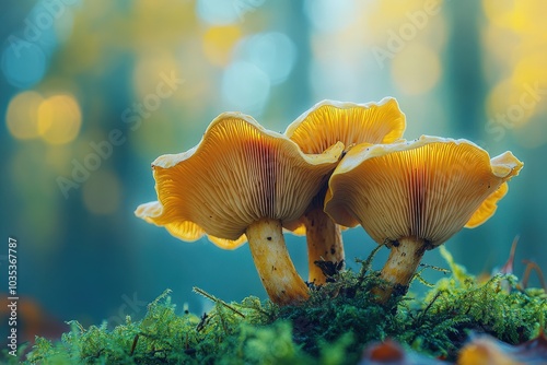 Chanterelle Mushrooms in a Forest: Edible Fungal Delights Among Autumn Greenery