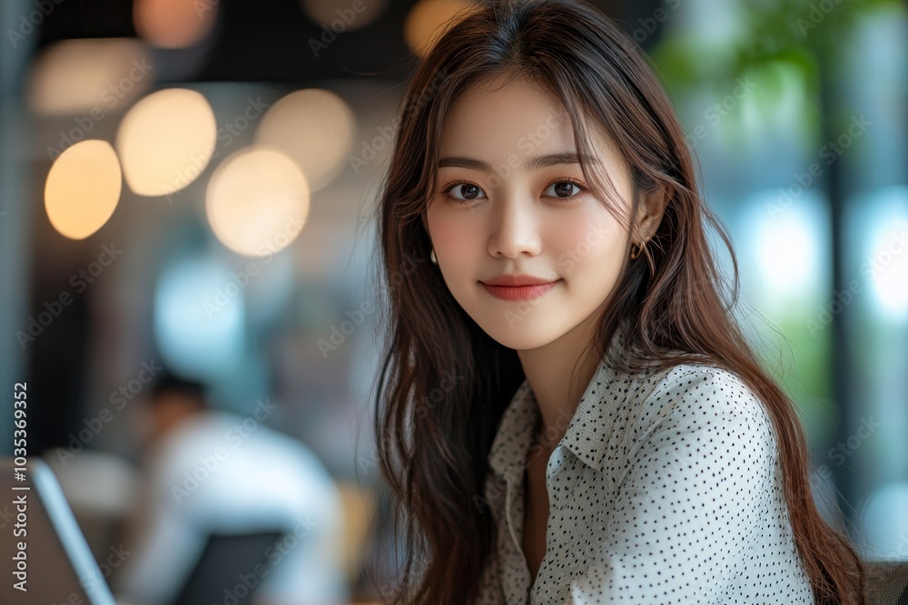 Obraz premium Asian businesswoman working on laptop in office, Generative AI