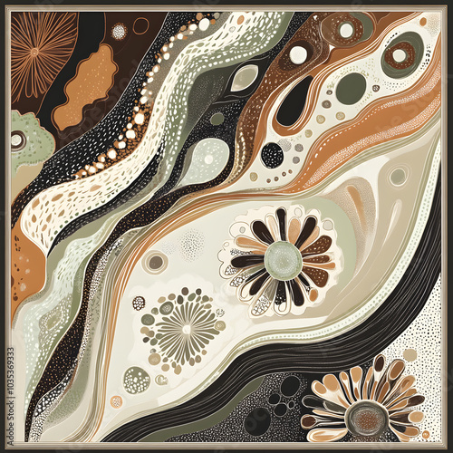 Geometric and Organic Doodle Tile and Carpet Designs with White Borders | Hand-drawn, Abstract, Floral, and Symmetrical Patterns in Soft Pastel and Earth Tones