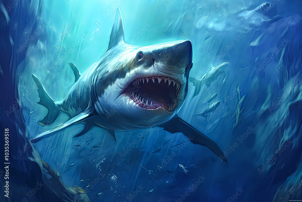 Fototapeta premium Shark is swimming in the ocean with its mouth open.