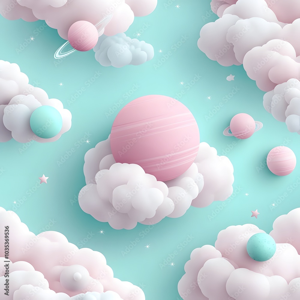 Charming Retro Pattern with Soft Planets and Clouds Charming Retro Pattern with Soft Planets and Clouds