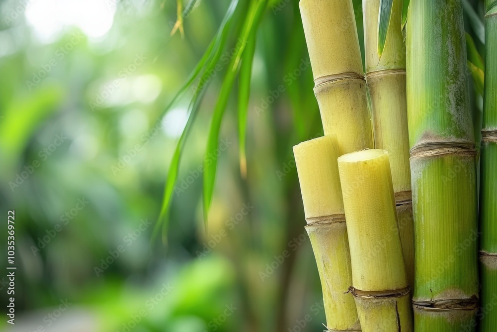 Fototapeta premium Sugarcane in Tropical Garden. Fresh Bamboo Plant in Lush Green Forest Setting