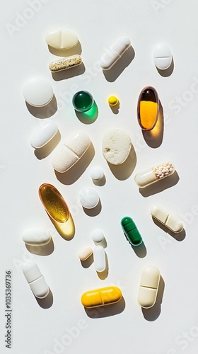 Assortment of colorful pills and capsules on white background photo