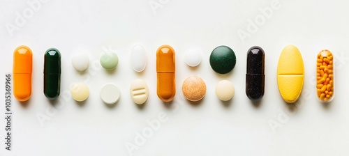 Variety of Pills and Tablets on White Background photo