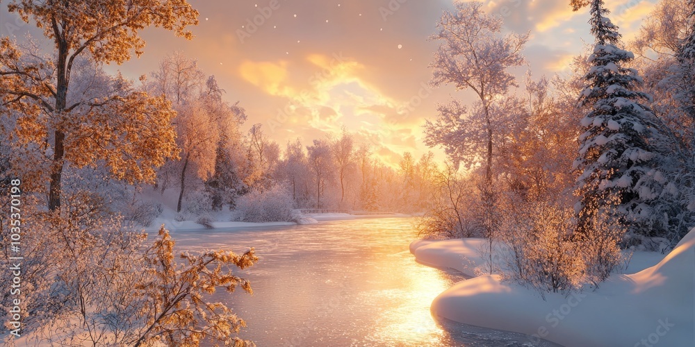Snow-covered trees framing a frozen river, with a winter sunset casting warm, golden light across the icy landscape. Snow-covered trees framing a frozen river, with a winter sunset casting warm, golden light across the icy landscape.