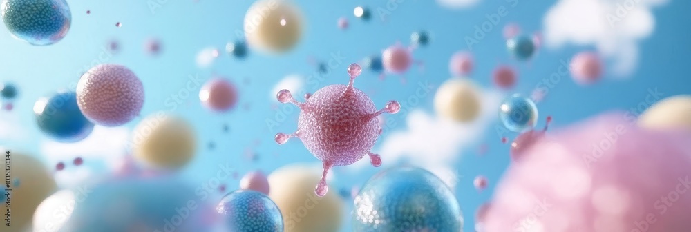 3D render, Microscopic View of Virus or Bacteria, Colorful Abstract Cells Floating, Pastel Bubbles