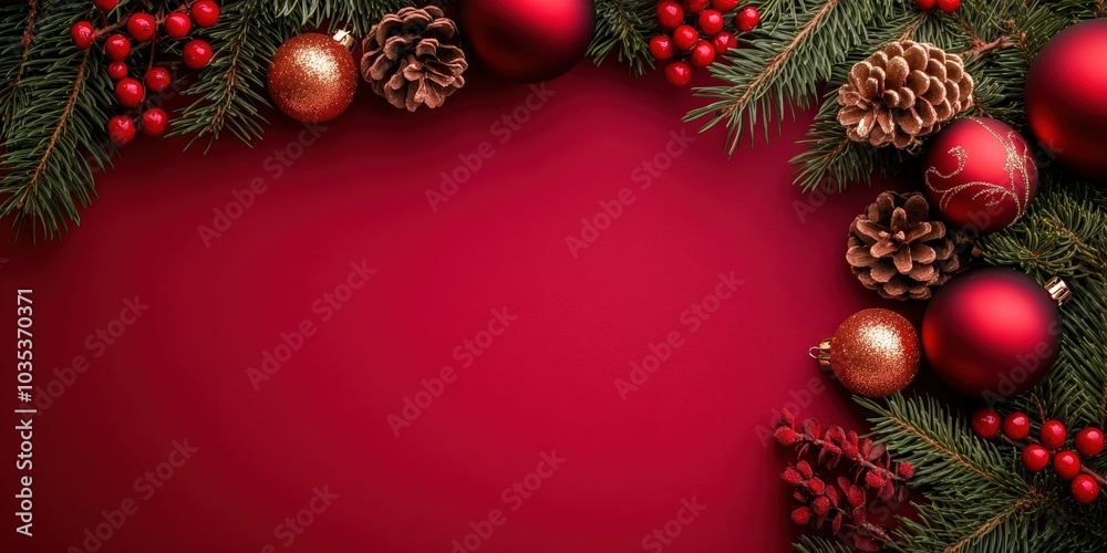 Festive Christmas Decorations on Red Background