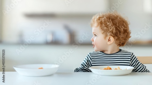 Bright kitchen scene with kids eating breakfast early, sunlight streaming through kids ready for school, breakfast early wake-up