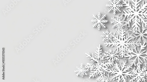 A minimalistic design features large white snowflakes against a shimmering light gray background, perfect for holiday decorations