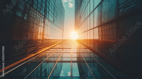 Sunlit Glass Facade of a Modern Skyscraper Building