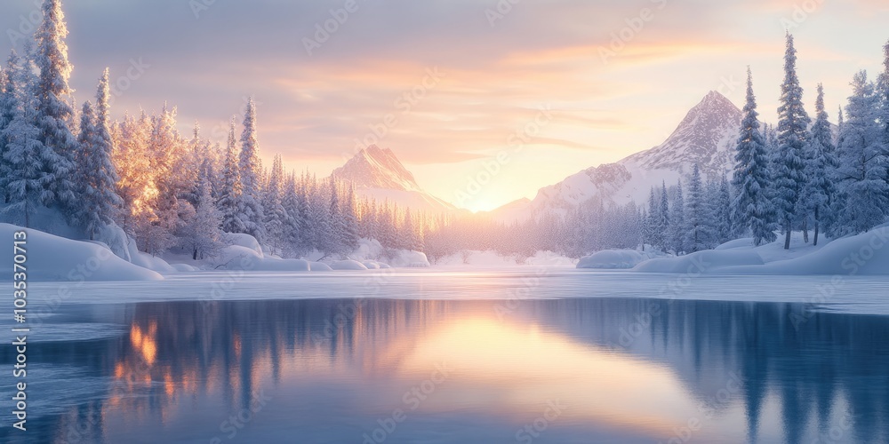 Fototapeta premium A serene frozen lake surrounded by snow-covered trees and mountains, with the soft glow of the winter sun reflecting off the ice.