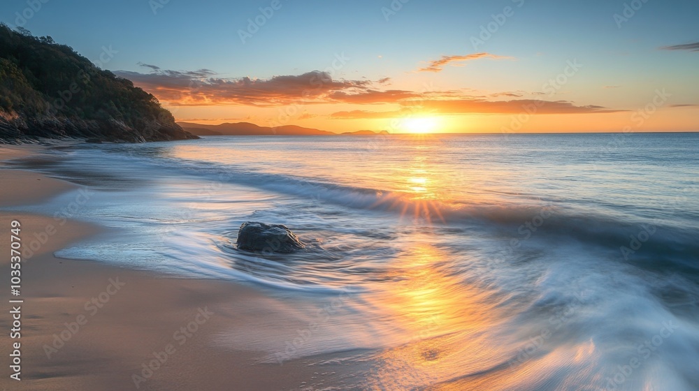 Naklejka premium Sunrise Over a Sandy Beach with Waves and a Single Rock
