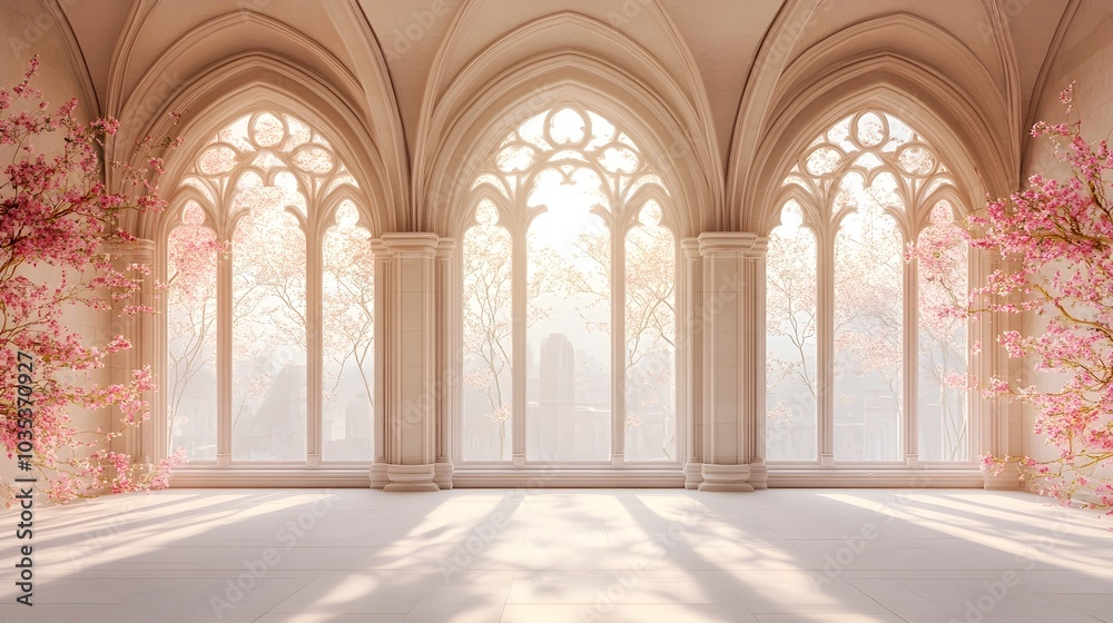 Fototapeta premium Serene Gothic Architecture with Blossoming Trees