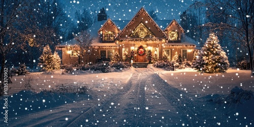 A snowy Christmas Eve scene with a house decorated with lights and wreaths, while soft snow falls outside, creating a magical holiday setting.