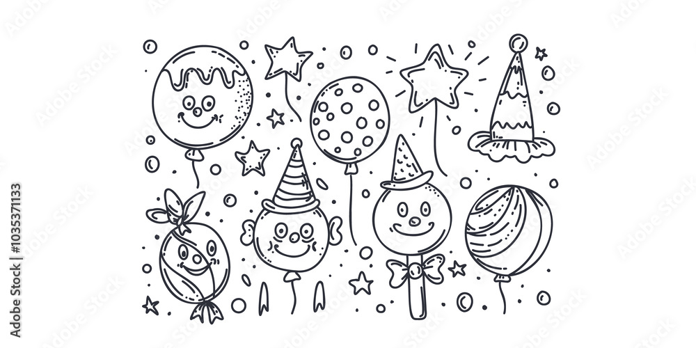 Funny clowns and festive balloons, hand-drawn, doodle style Funny clowns and festive balloons, hand-drawn, doodle style