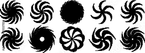 Сollection of abstract black pixel swirl. Designs resemble pinwheels, propellers, vortexes, evoking motion, energy, and flow. For use in logos, icons, decorations, backgrounds. Y2K elements 