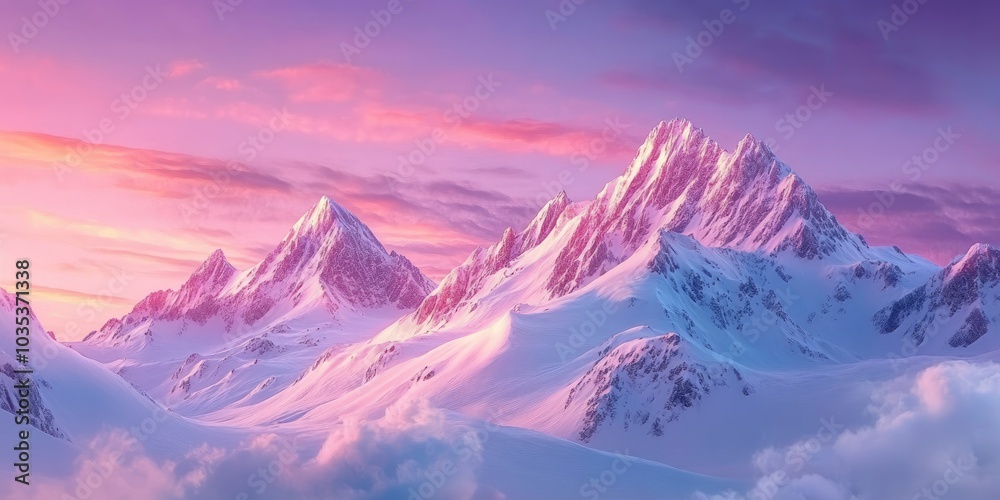 A snowy winter solstice sunrise over a mountain range, with soft pink and purple hues lighting up the sky and snow-covered peaks.