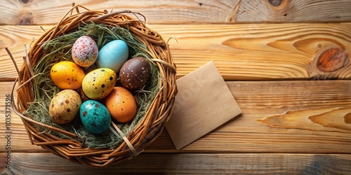 Easter Eggs in a Nest - Festive Basket on Light Wood Background with Easter Inscription