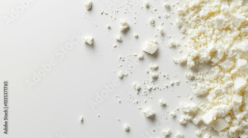 Crumbled feta cheese on white background with copy space for text, culinary concept, top view