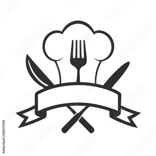Culinary Emblem Vector with Chef Hat and Cutlery for Restaurant Logos.