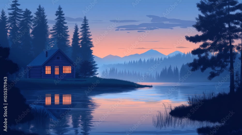 Fototapeta premium A Cabin with Lit Windows on a Lake at Dusk