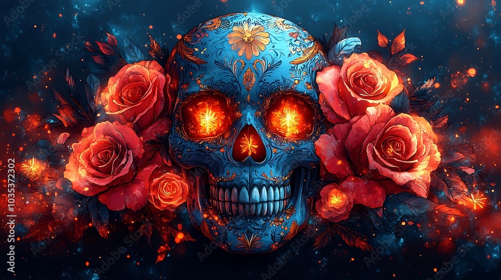 skull with glowing red eyes surrounded by pink flowers against a dark blue background. skull with glowing red eyes surrounded by pink flowers against a dark blue background.