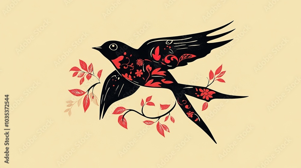 Fototapeta premium Stylized Dark Swallow Logo in Ethnic Folk Art Style