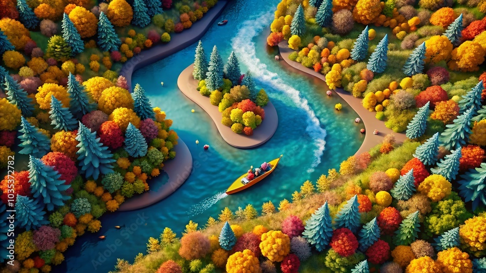 Eco-Tourism Adventure: Aerial View Paper Cut Style Landscape with Autumn Trees and Kayak Eco-Tourism Adventure: Aerial View Paper Cut Style Landscape with Autumn Trees and Kayak