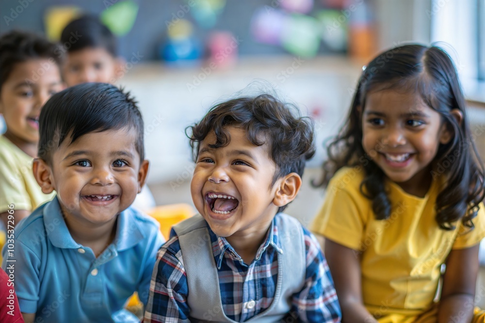 A joyful portrait of Indian preschoolers playing and laughing in a classroom environment.
A joyful portrait of Indian preschoolers playing and laughing in a classroom environment.