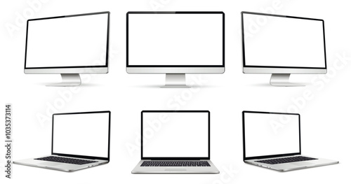 Computer display and laptop on three sides with blank screen