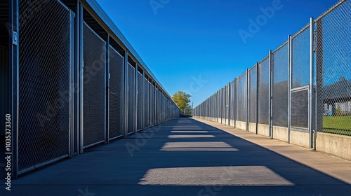 Empty fenced corridor outdoors on a bright day with blue sky and strong shadows
