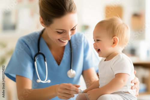 Female pediatrician checking up on happy baby at clinic