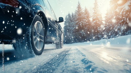 Close-up of car tires navigating a snow-covered road in winter, highlighting the importance of traction and safety in adverse weather conditions for drivers and pedestrians alike