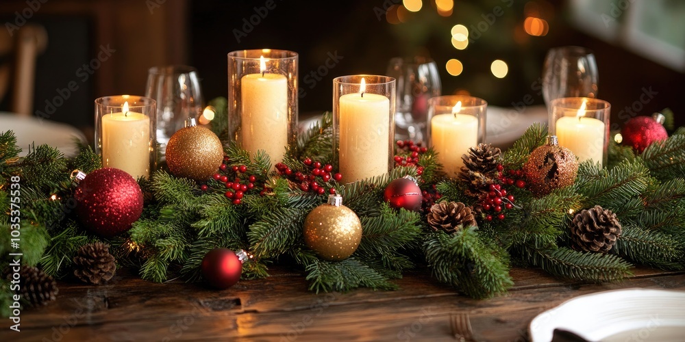 A rustic holiday centerpiece with a mix of evergreen branches, ornaments, and lit candles, perfect for a Christmas dinner setting. A rustic holiday centerpiece with a mix of evergreen branches, ornaments, and lit candles, perfect for a Christmas dinner setting.