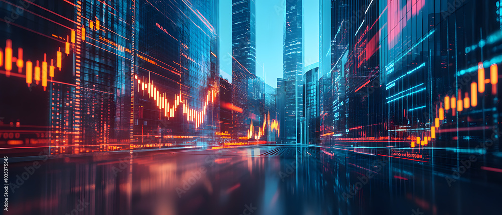 Fototapeta premium Futuristic Business & Stock Investment Visuals: High-Tech, Neon-Lit Financial Concepts with Modern Urban Backdrops
