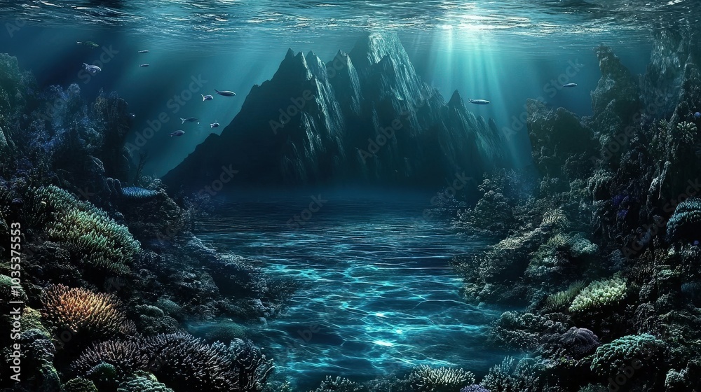 Obraz premium Underwater Mountain - Diving into Coral Ocean Scenery with Fish and Colorful Reef