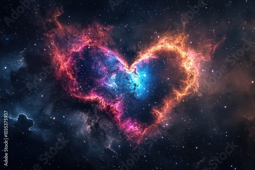 A heart-shaped galaxy of stars and nebulae in the vastness of space, representing cosmic love, the universe, and the boundless energy that connects all living things in a celestial display