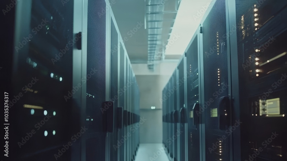 Interior of a large modern server room showcasing advanced technology and server racks, emphasizing data storage, processing, and management in a digital environment Interior of a large modern server room showcasing advanced technology and server racks, emphasizing data storage, processing, and management in a digital environment