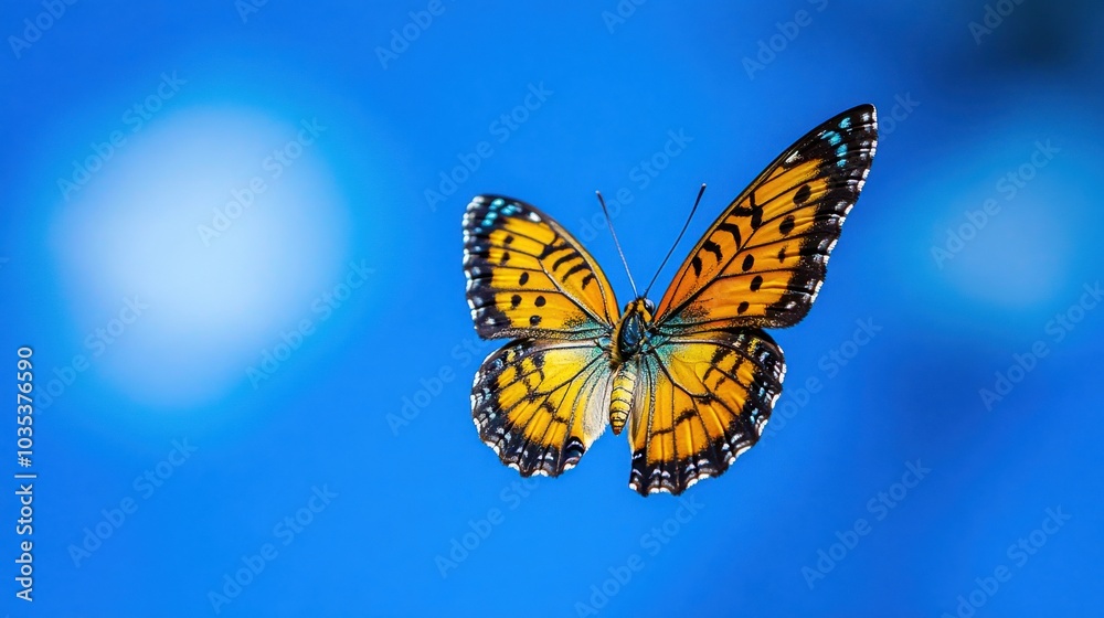 Vibrant orange butterfly with blue spots flying against clear blue sky morning Vibrant orange butterfly with blue spots flying against clear blue sky morning