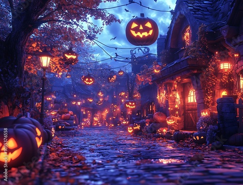 Charming Street Adorned with Pumpkins and Lanterns