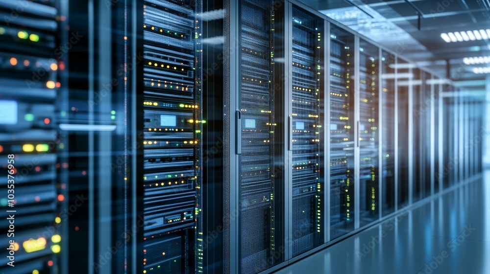 Server racks in a computer network security room, showcasing a data center environment with advanced technology and digital rendering for enhanced cybersecurity measures Server racks in a computer network security room, showcasing a data center environment with advanced technology and digital rendering for enhanced cybersecurity measures