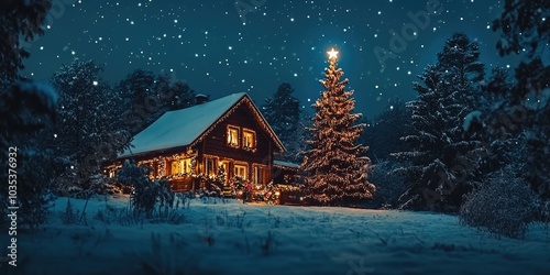 A snowy Christmas night with a decorated house glowing with lights, a large Christmas tree in the window, and stars twinkling in the sky.